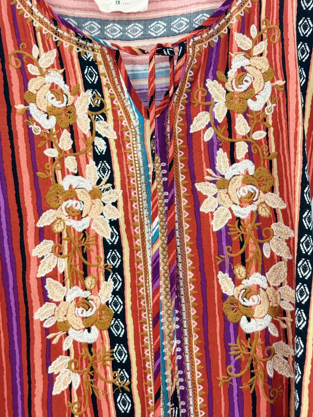 Savanna Jane 1X Embroidered Boho Peasant Top Tassel Tie Striped Floral - Picture 7 of 14